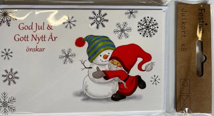 Julkort 8-pack med kuvert Tomte kramar sngubbe/katt