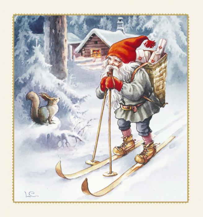 Julkort Unicef 10-pack Tomtar skidar/Tomtar vid fjllstuga