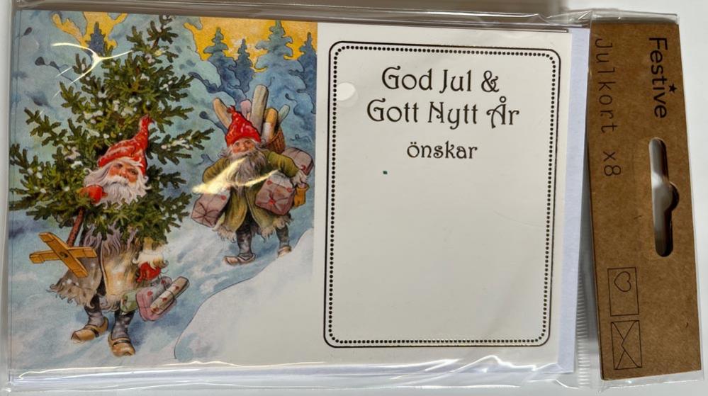 Julkort 8pack med kuvert Tomtar och gran/Flicka och paket
