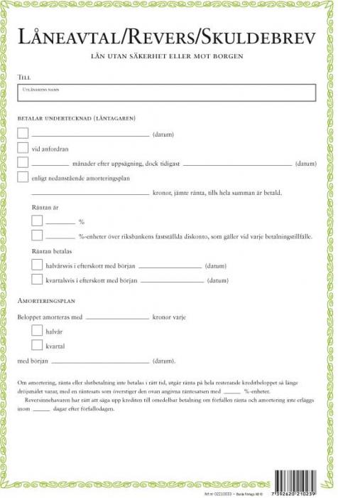 Låneavtal/Skuldbrev/Revers