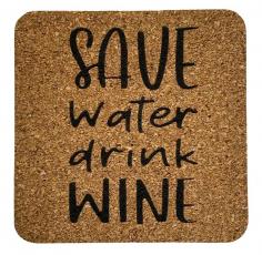 Kvadratiskt glasunderlägg Kork - Save water drink wine 4-pack