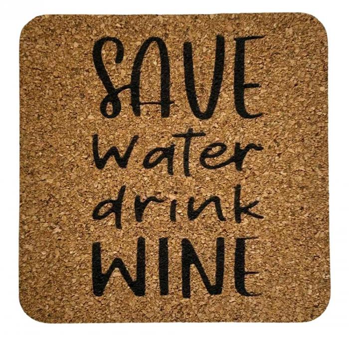 Kvadratiskt glasunderlgg Kork - Save water drink wine 4-pack