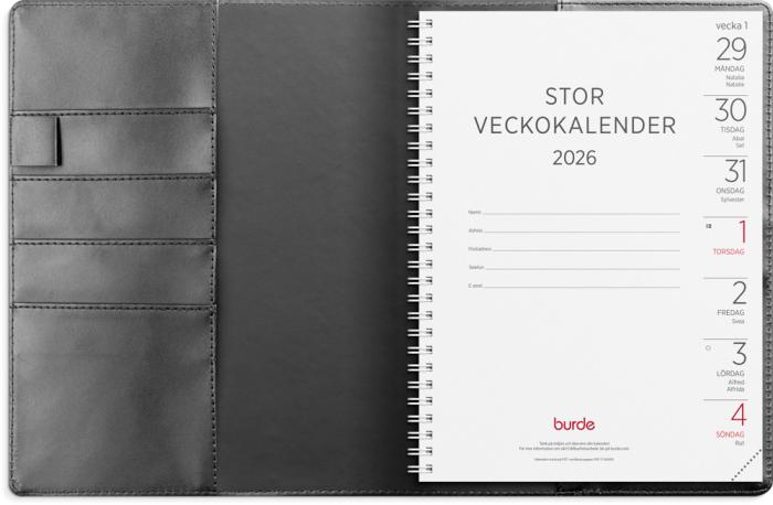 Stor Veckokalender svart konstläder 2026 med slejf
