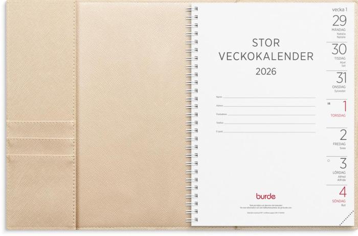 Stor Veckokalender beige konstläder Tora 2026