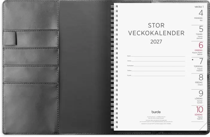 Stor Veckokalender svart konstläder 2027 med slejf