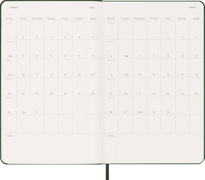 Kalender Moleskine Weekly Notebook Myrtle Green hard Large 2027