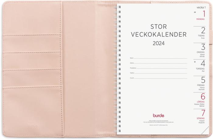 Stor Veckokalender rosa konstläder Melfi 2024 med slejf