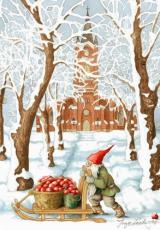 Vykort Inge L&ouml;&ouml;k Tomte med &auml;pple p&aring; sl&auml;de