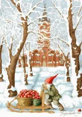 Vykort Inge L&ouml;&ouml;k Tomte med &auml;pple p&aring; sl&auml;de