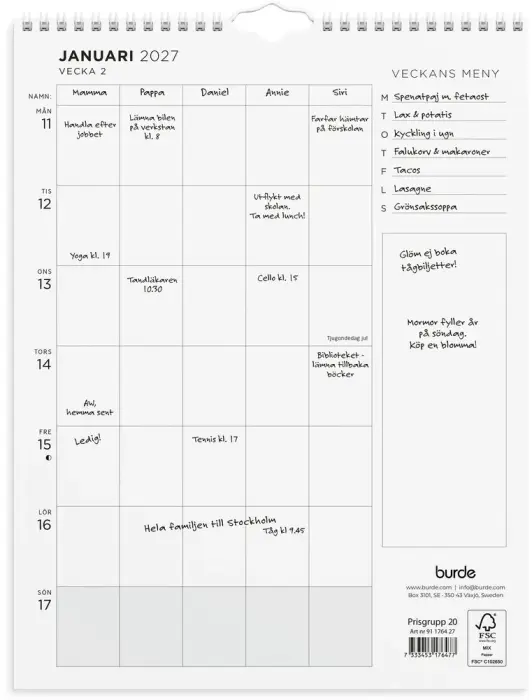 Väggkalender Familjens veckoplanering 2026