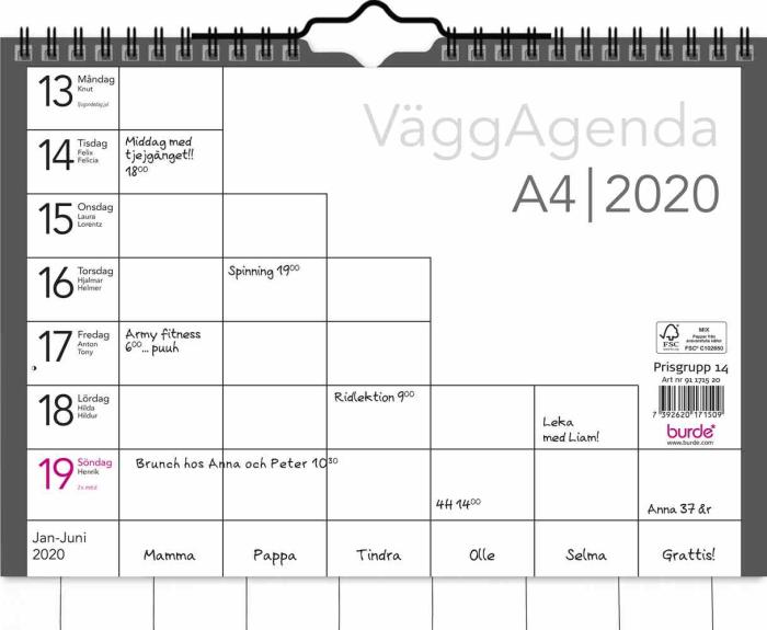 Burde Publishing AB Väggagenda 2020 A4 - Kalenderkungen.se