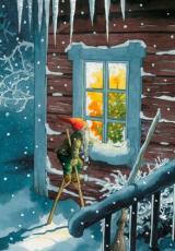 Vykort Inge L&ouml;&ouml;k Tomte p&aring; styltor
