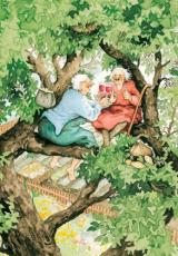 A4-kort Inge L&ouml;&ouml;k dricker vin i tr&auml;det 