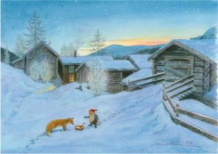 Julkort Cancerfonden 10-pack R&auml;v och tomte/R&auml;var vid sj&ouml;