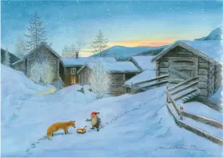 Julkort Cancerfonden 10-pack R&auml;v och tomte/R&auml;var vid sj&ouml;